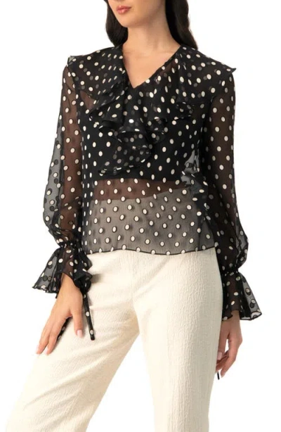 Ivonne See-through Polka Dot V-neck Blouse In Black