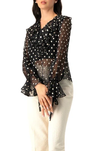 Ivonne See-through Polka Dot V-neck Blouse In Black