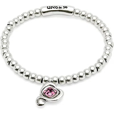 Unode50 Beaded Stretch Bracelet With Heart And Pink Crystal In Metallic