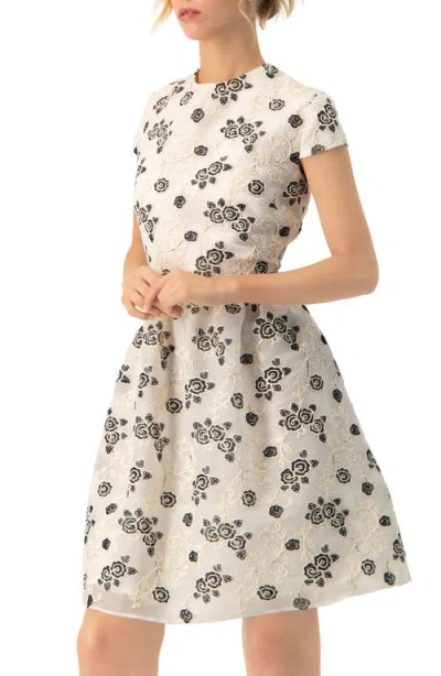 Ivonne Floral Embroidered Short A-line Dress In Brown