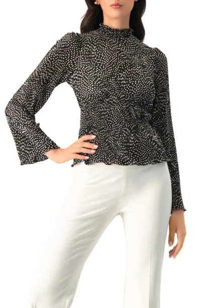 Ivonne Long Sleeve Polka Dot Pleated Blouse In Black