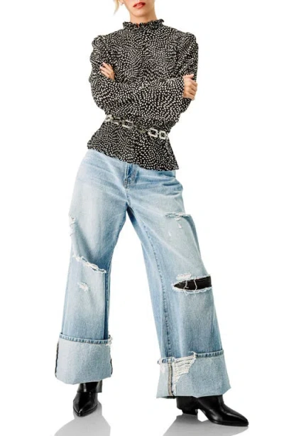 Ivonne Long Sleeve Polka Dot Pleated Blouse In Black