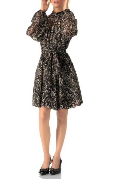Ivonne Paisley Printed Short Dress With Waist Tie In Black