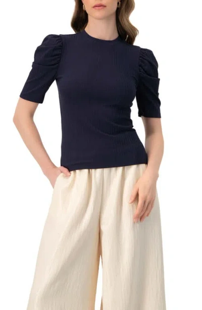 Ivonne Puff Shoulder Ribbed-knit T-shirt In Blue