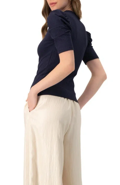Ivonne Puff Shoulder Ribbed-knit T-shirt In Blue
