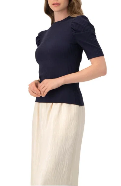 Ivonne Puff Shoulder Ribbed-knit T-shirt In Blue