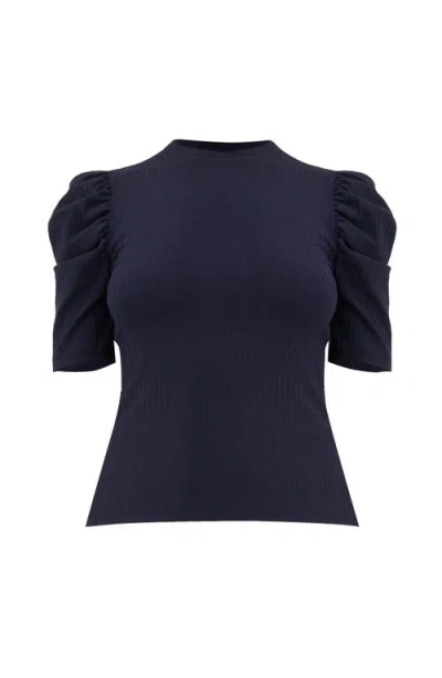 Ivonne Puff Shoulder Ribbed-knit T-shirt In Blue