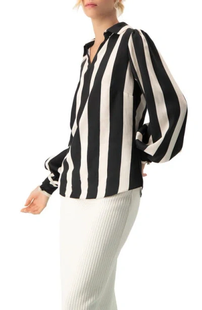 Ivonne Collared Long Sleeve Striped Blouse In Black