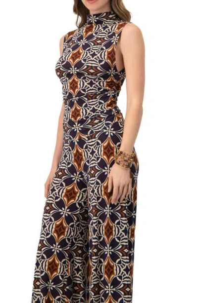 Ivonne Ruched Side High Neck Sleeveless Blouse In Brown