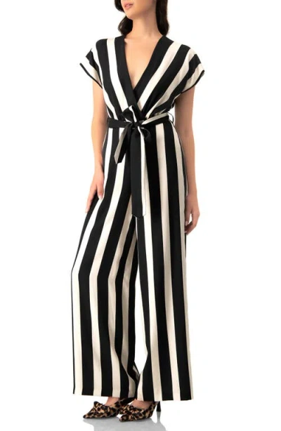 Ivonne Striped V-neck Jumpsuit With Waist Tie In Black