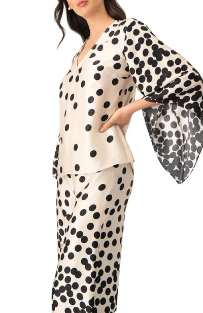 Ivonne Polka Dot V-neck Blouse With Wide Sleeves In Brown