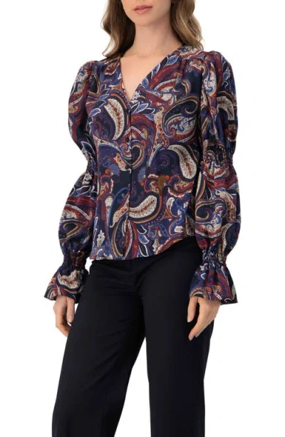 Ivonne V-neck Printed Shirt With Smocked Sleeves In Brown