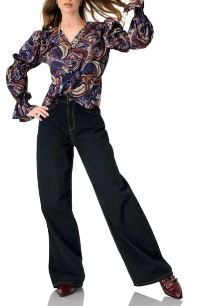 Ivonne V-neck Printed Shirt With Smocked Sleeves In Brown