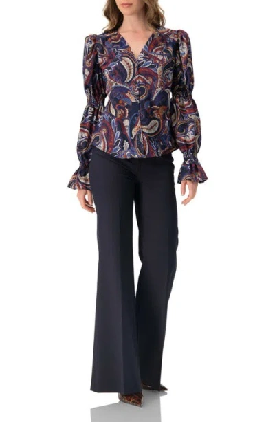 Ivonne V-neck Printed Shirt With Smocked Sleeves In Brown