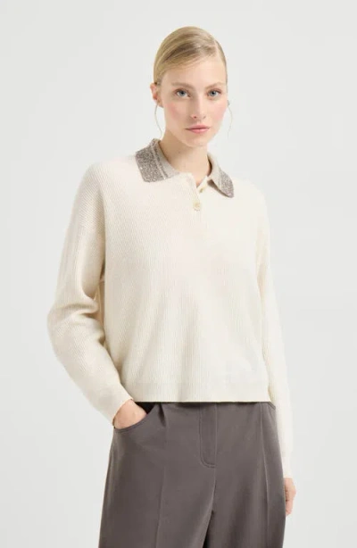 Brunello Cucinelli Polo With Dazzling Collar In Neutral