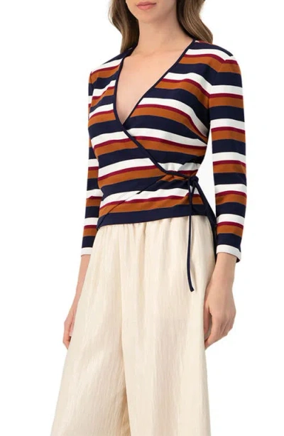 Ivonne V-neck Wrap Blouse With Color Block Stripes In Brown
