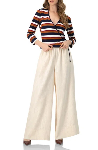 Ivonne V-neck Wrap Blouse With Color Block Stripes In Brown