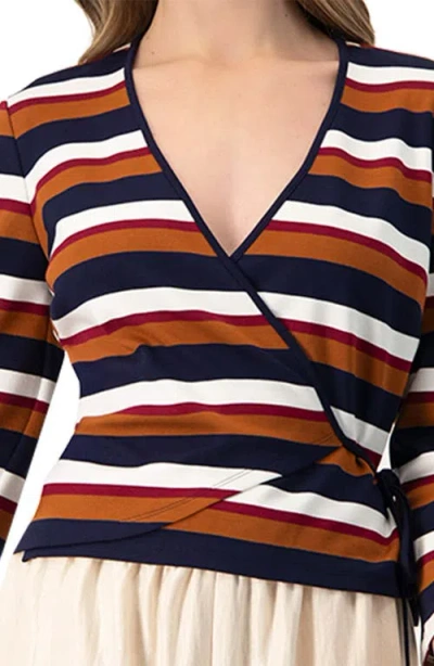 Ivonne V-neck Wrap Blouse With Color Block Stripes In Brown
