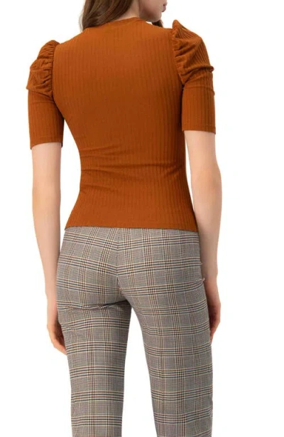 Ivonne Puff Shoulder Ribbed-knit T-shirt In Brown