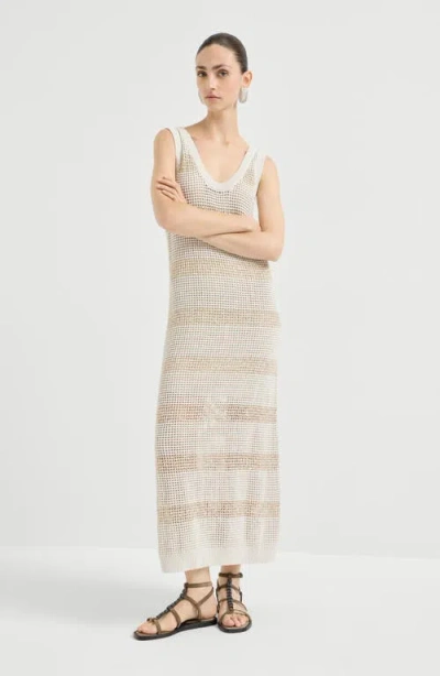 Brunello Cucinelli Striped Sleevess Midi Dress In Neutral