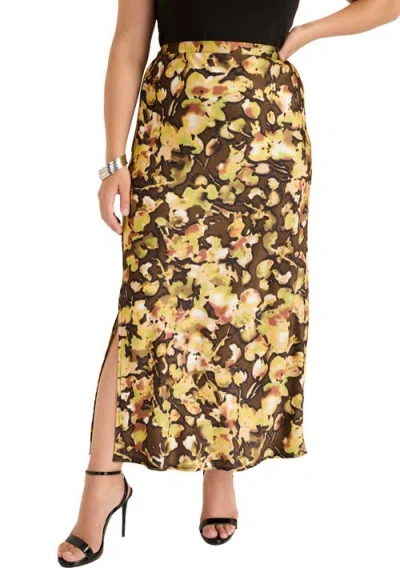 June + Vie Satin Side-slit Midi Skirt In Brown