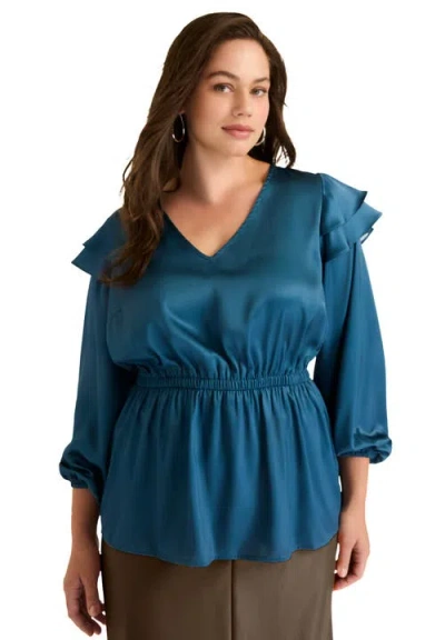 June + Vie Satin Peplum Top In Blue