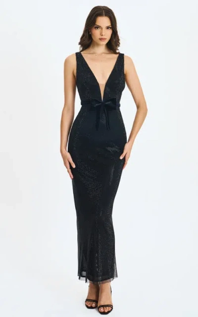 Miss Circle Olympia Belted Bow Plunging Rhinestone Maxi Dress In Black