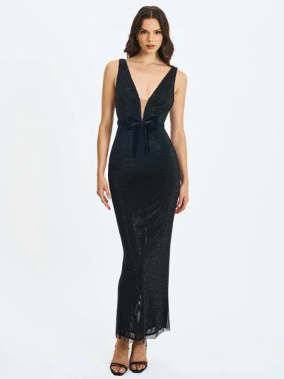 Miss Circle Olympia Belted Bow Plunging Rhinestone Maxi Dress In Black