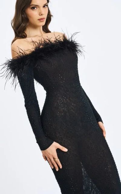 Miss Circle Emberly Fur Trimmed Off-shoulder Rhinestone Mesh Mermaid Dress In Black
