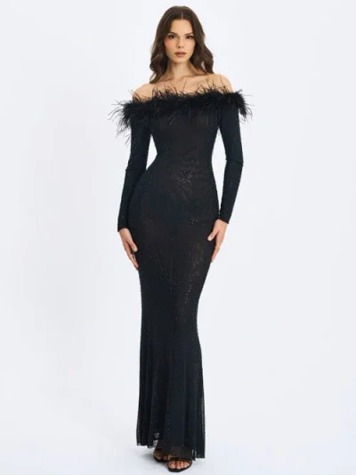 Miss Circle Emberly Fur Trimmed Off-shoulder Rhinestone Mesh Mermaid Dress In Black