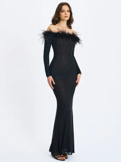 Miss Circle Emberly Fur Trimmed Off-shoulder Rhinestone Mesh Mermaid Dress In Black