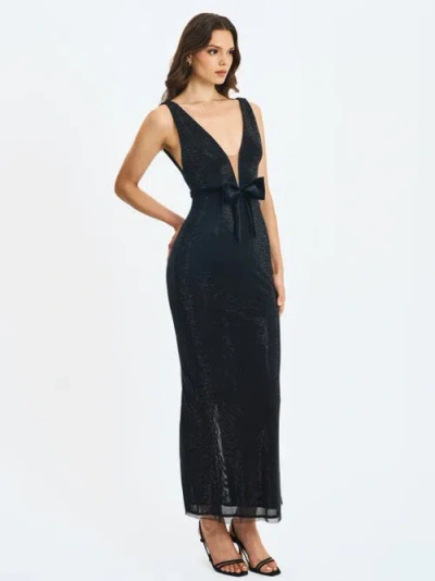 Miss Circle Olympia Belted Bow Plunging Rhinestone Maxi Dress In Black