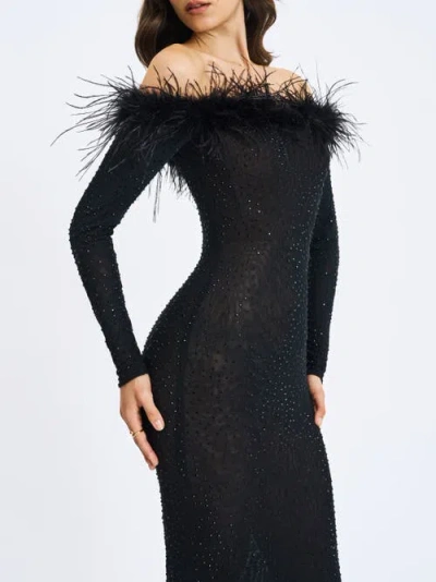 Miss Circle Emberly Fur Trimmed Off-shoulder Rhinestone Mesh Mermaid Dress In Black
