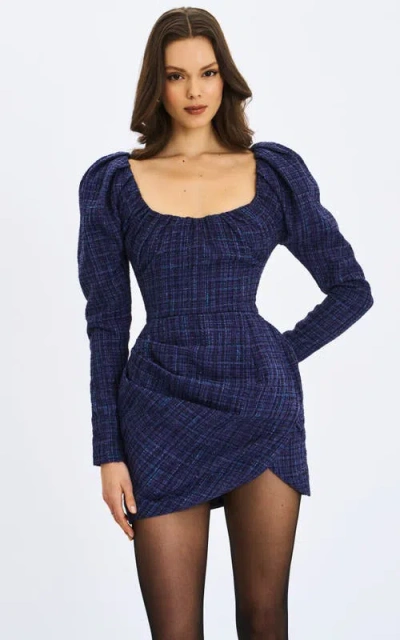Miss Circle Denise Tweed Ruched Puff Sleeve Mini Dress In Blue