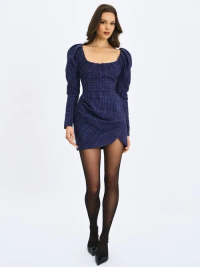 Miss Circle Denise Tweed Ruched Puff Sleeve Mini Dress In Blue