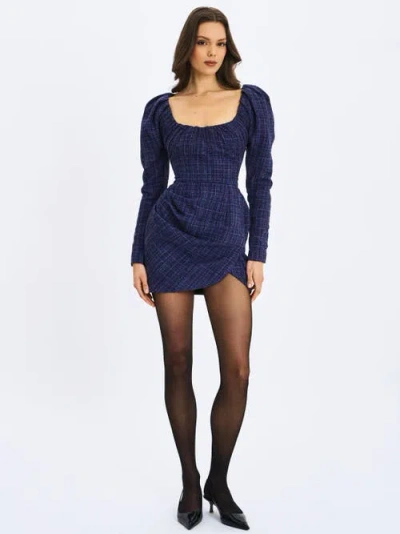 Miss Circle Denise Tweed Ruched Puff Sleeve Mini Dress In Blue