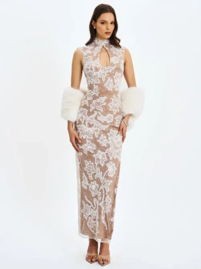 Miss Circle Tavia Beaded Teardrop Neckline Maxi Dress In White