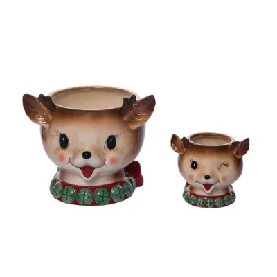Transpac Dolomite Vintage Reindeer Snack Bowls Set Of 2 For Christmas In Multi