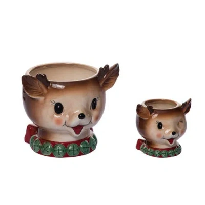 Transpac Dolomite Vintage Reindeer Snack Bowls Set Of 2 For Christmas In Multi