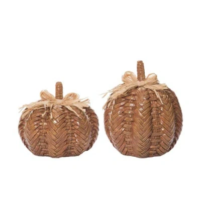 Transpac Orange Harvest Rattan Style Pumpkin Set Of 2 Decorative Decor In Brown