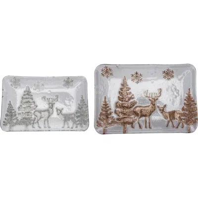Transpac Multicolor Christmas Winter Landscape Glass Platter Set Of 2 In White