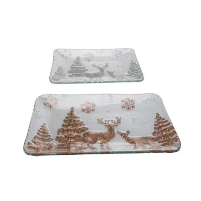 Transpac Multicolor Christmas Winter Landscape Glass Platter Set Of 2 In White