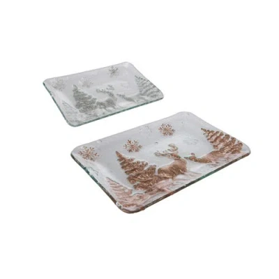 Transpac Multicolor Christmas Winter Landscape Glass Platter Set Of 2 In White