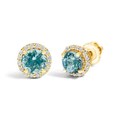 Haus Of Brilliance 10k Gold Gemstone And 1/6 Cttw Diamond Halo Stud Earring In Blue
