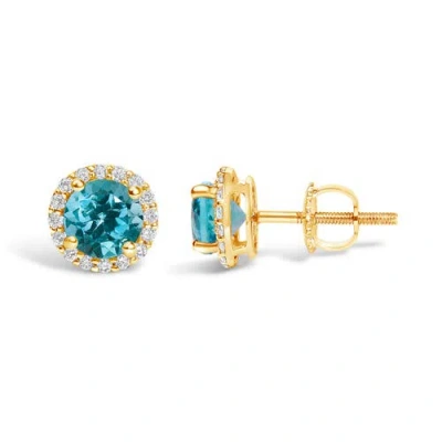 Haus Of Brilliance 10k Gold Gemstone And 1/6 Cttw Diamond Halo Stud Earring In Blue