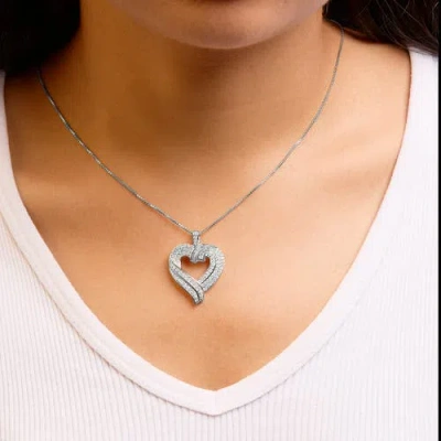 Haus Of Brilliance Silver 1.00 Cttw Baguette Diamond Composite Open Heart Pendant Necklace In Metallic