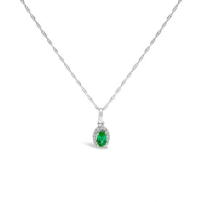 Haus Of Brilliance 10k White Gold 5x3mm Green Emerald And Diamond Accent Halo Oval Shape 18" Pendant