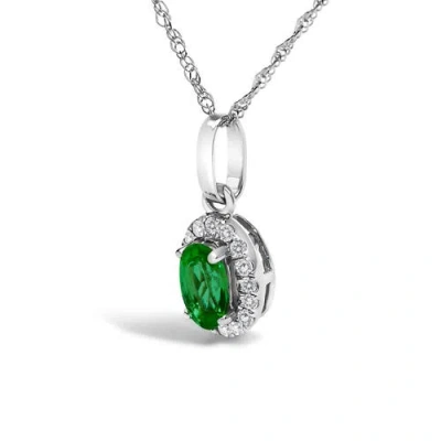 Haus Of Brilliance 10k White Gold 5x3mm Green Emerald And Diamond Accent Halo Oval Shape 18" Pendant