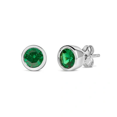 Haus Of Brilliance .925 Sterling Silver 6mm Bezel Set Created Gemstone Solitaire Stud Earrings In Green