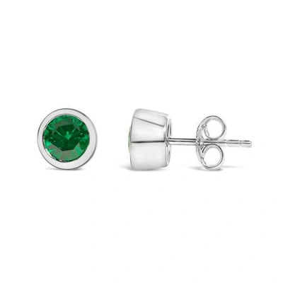 Haus Of Brilliance .925 Sterling Silver 6mm Bezel Set Created Gemstone Solitaire Stud Earrings In Green
